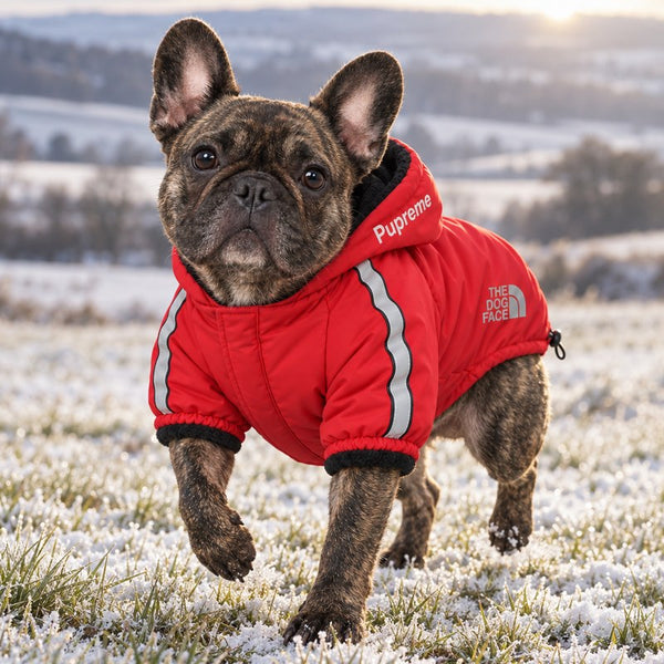 Brindle French bulldog in the red Dog Winter Jacket on a frosty morning