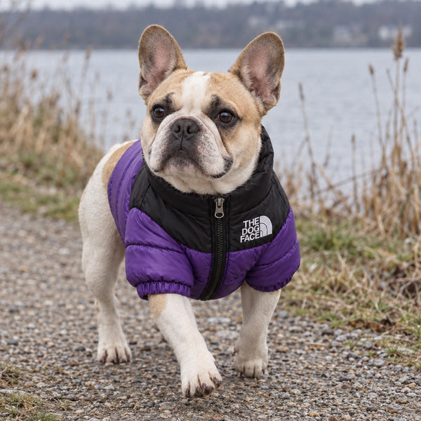 Pied French bulldog in the purple Dog Puffer Jacket by a lake