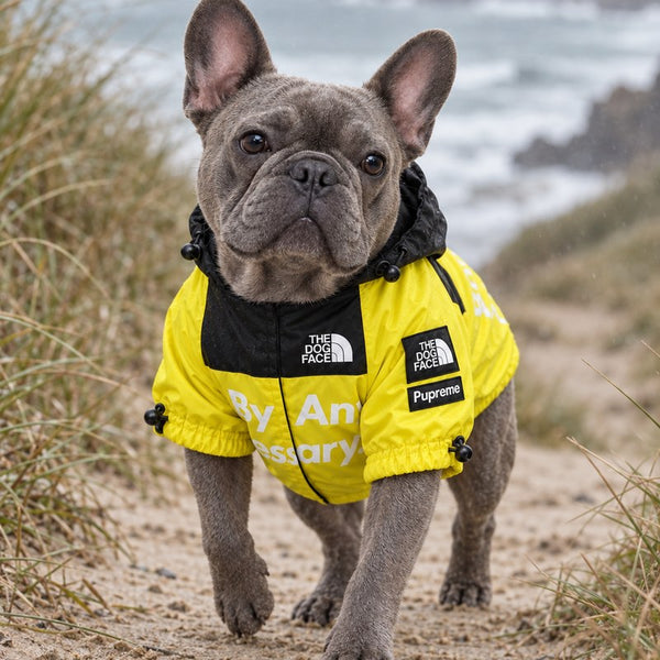 Blue French bulldog in the yellow Dog Waterproof Jacket on a coastal path