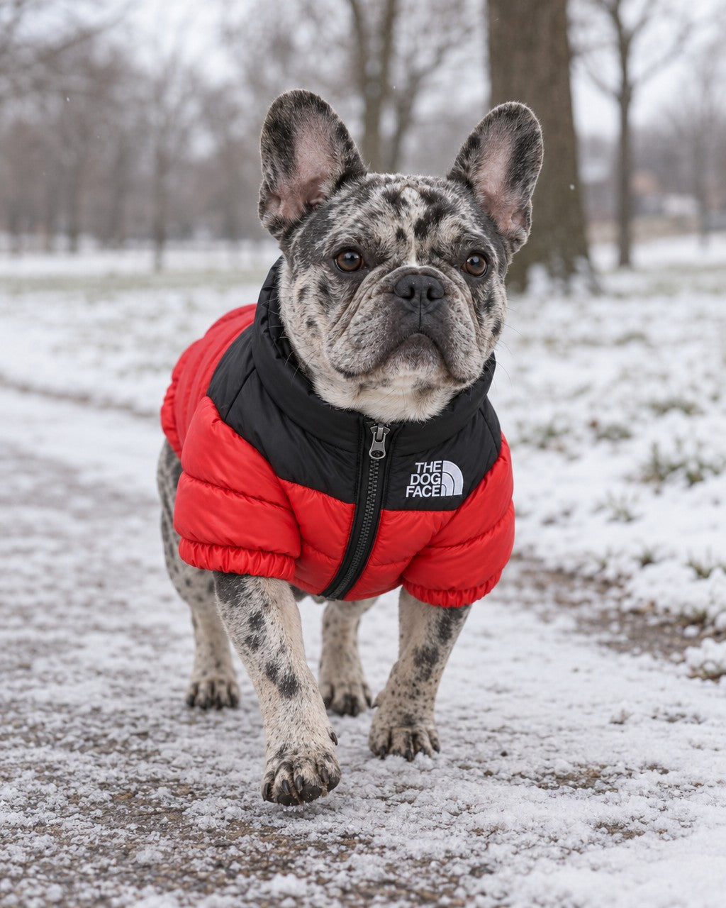 Dog Puffer Jacket in red, worn by a French bulldog on a walk