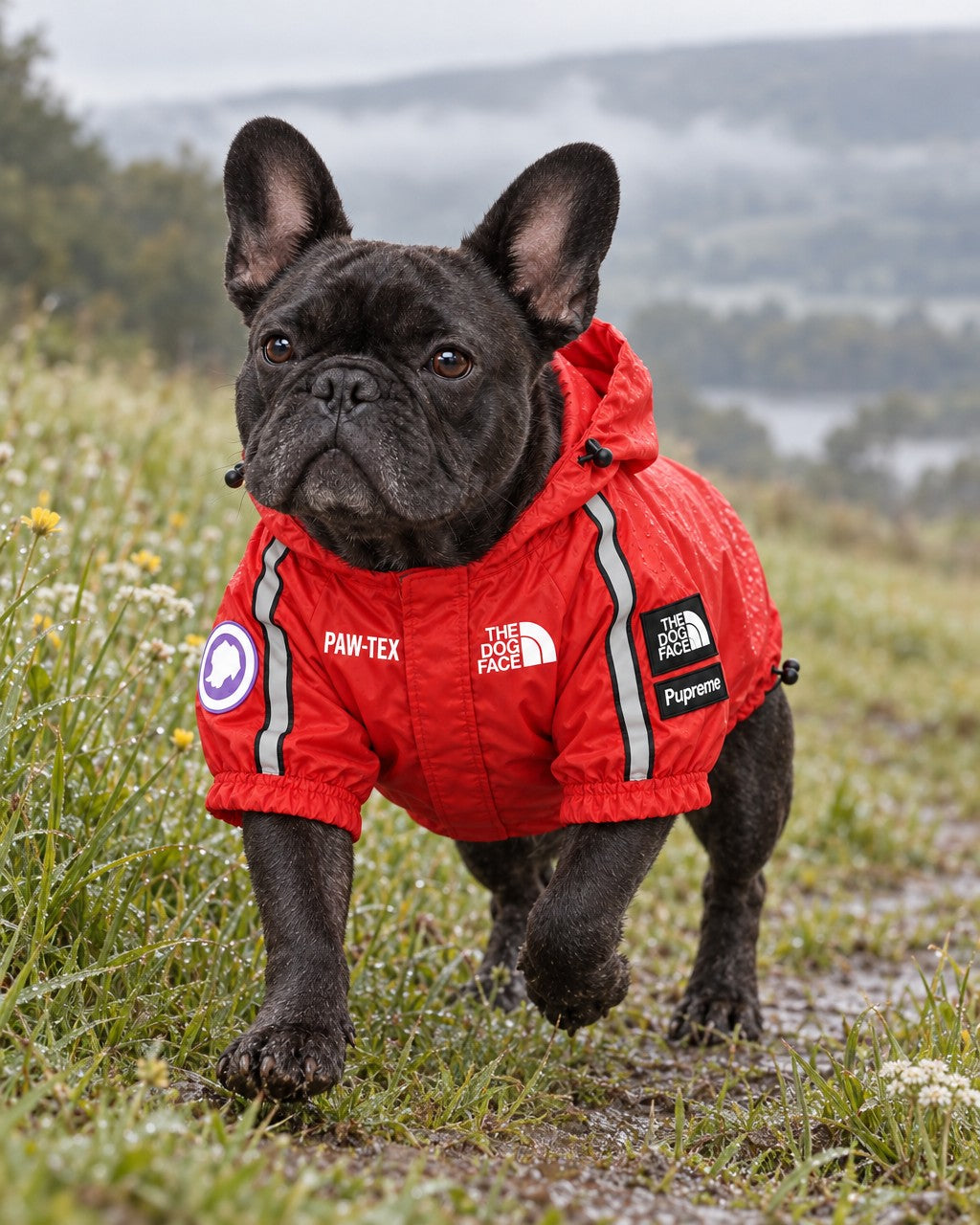 Dog Waterproof Jacket in red, worn by a French bulldog on a walk